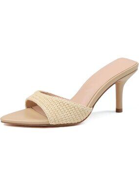 Women's Raffia Beige Leather Pointed Open Peep Toe Backless Summer High Heel
